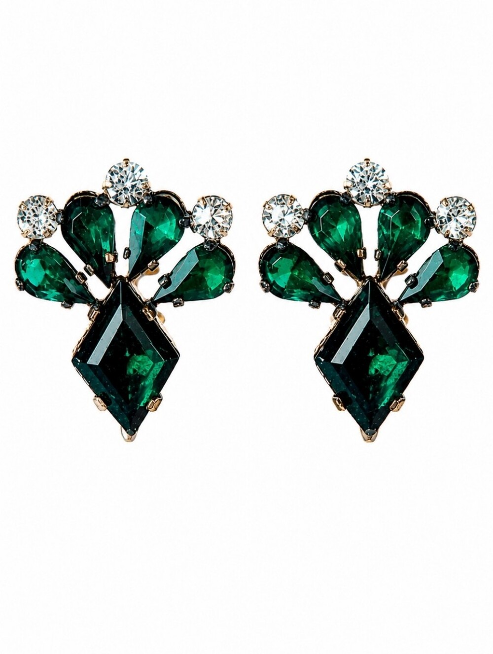 Emerald Green Foil Backed Screw Back Earrings Vintage Signed Czechoslavakia